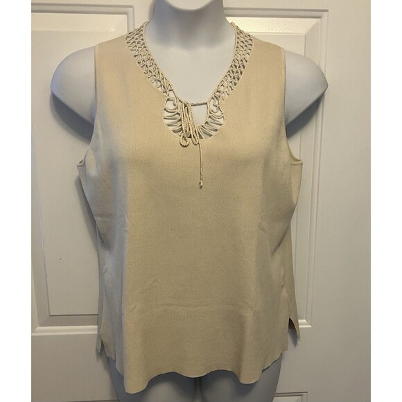 August Silk Sweaters - Women’s August‎ Silk Sz M Beige Sleeveless Crochet Trim Pullover Knit Sweater